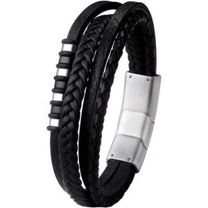 Mens Genuine Leather Bracelet with Stainless Steel Magnetic Clasp Multi-Layer